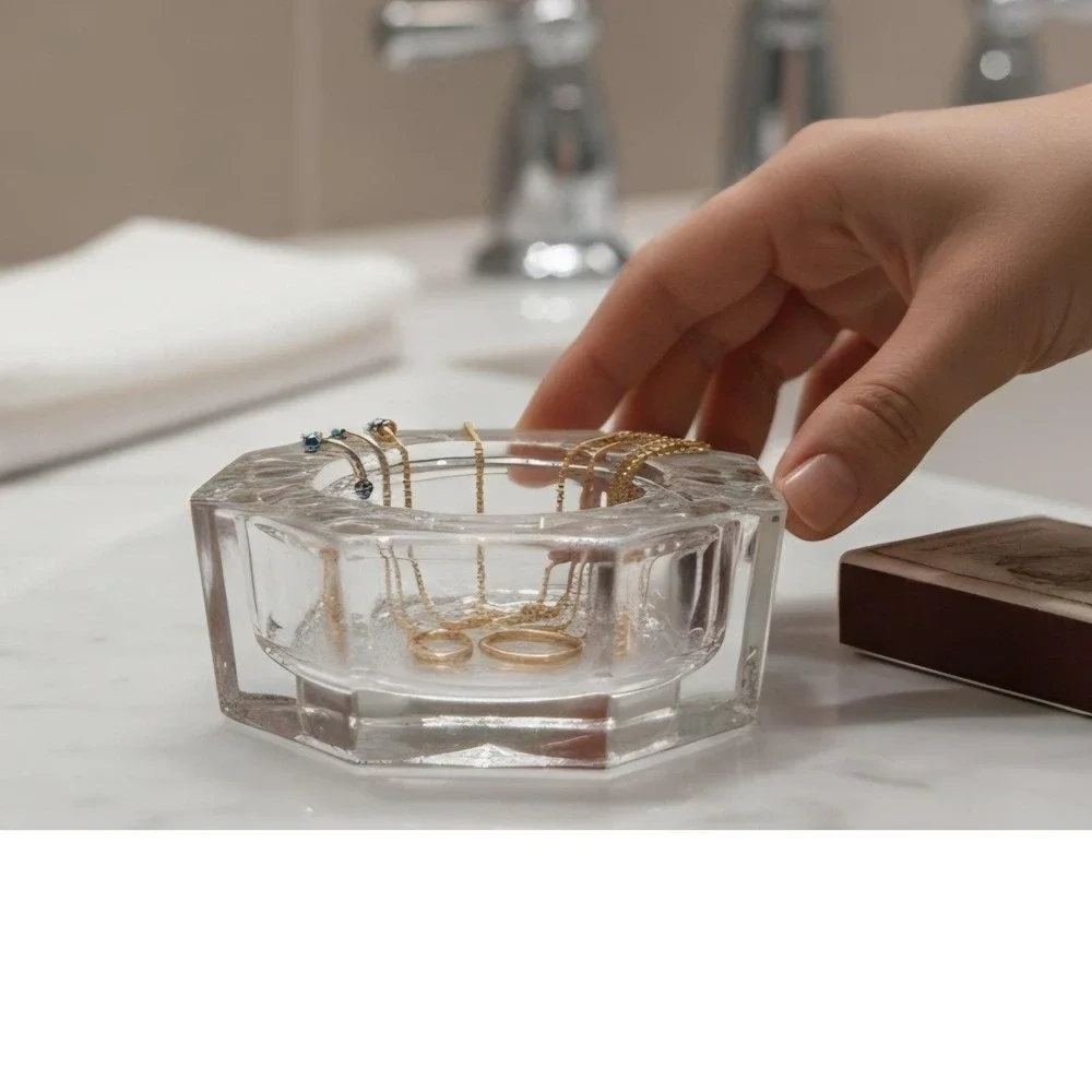 Vintage French‎ Crystal Octagon Diamond Cut Trinket Dish Tea Light Candle Holder
